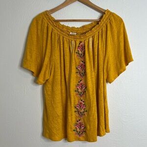Sundance Dancing Garden Top Mustard Yellow Embroidered Linen Short Sleev…